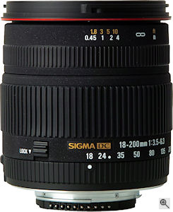 Sigma's 18-200 f3.5-6.3 DC lens in Nikon mount form with built-in focusing motor. Courtesy of Sigma, with modifications by Michael R. Tomkins. Click for a bigger picture!