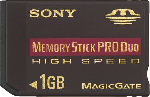 Sony's 1GB MagicGate Memory Stick PRO Duo High Speed card. Courtesy of Sony, with modifications by Michael R. Tomkins. Click for a bigger picture!