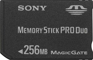 Sony's 256MB MagicGate Memory Stick PRO Duo card. Courtesy of Sony, with modifications by Michael R. Tomkins. Click for a bigger picture!
