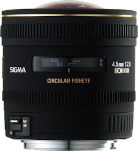 Sigma's 4.5mm F2.8 EX DC Circular Fisheye lens. Courtesy of Sigma, with modifications by Michael R. Tomkins. Click for a bigger picture!