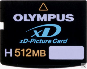 Olympus' 512MB Type H-Series xD-Picture Card. Courtesy of Olympus, with modifications by Michael R. Tomkins. Click for a bigger picture!
