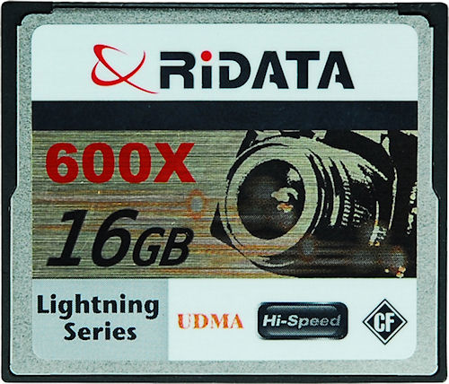Ritek's RiDATA 600x 16GB Lightning Series UDMA CompactFlash card. Photo provided by Advanced Media Inc. Click for a bigger picture!