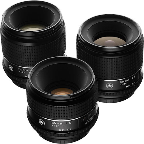 The newly developed 110mm, 80mm and 55mm F2.8 lenses (left to right) for Phase One 645DF and Mamiya 645DF cameras. Photo provided by Phase One A/S. Click for a bigger picture!