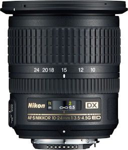 Nikon's AF-S DX NIKKOR 10-24mm f/3.5-4.5G ED lens. Photo provided by Nikon Inc. Click for a bigger picture!