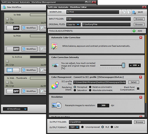 Editing a Print workflow in Server Automata 1.0. Screenshot provided by SoftColor Oy. Click for a bigger picture!