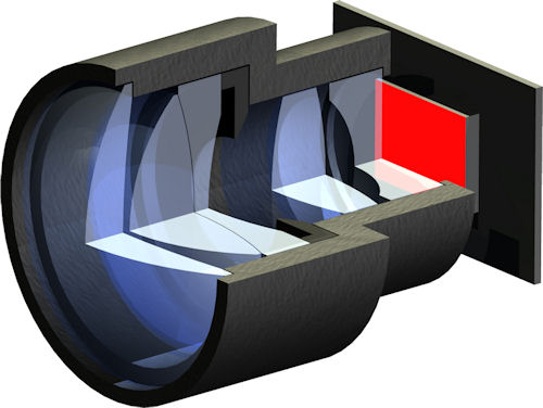 Model of the mini beamer: the OLED display can be seen to the right at the back. The lens system projects the image onto a wall. Rendering provided by Fraunhofer IOF. Click for a bigger picture!