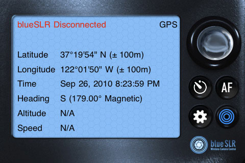 The blueSLR Companion App's status screen. Screenshot provided by XEquals Corp.