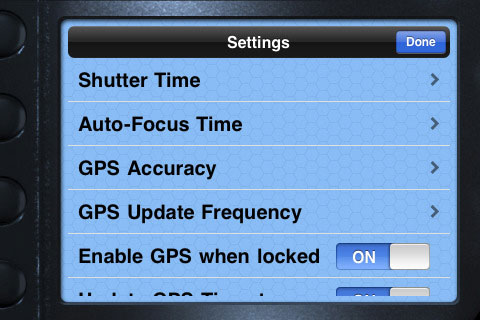 blueSLRs Companion App's settings menu. Screenshot provided by XEquals Corp.