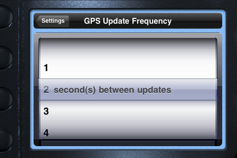 Adjusting the GPS update frequency in blueSLRs Companion App. Screenshot provided by XEquals Corp.