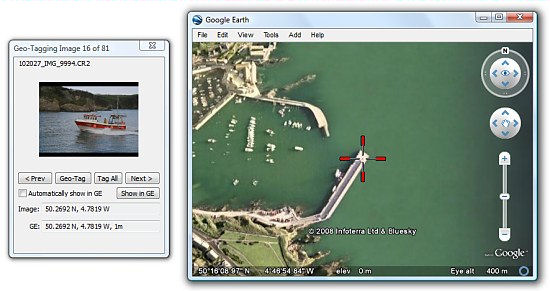 Geotagging photographs using locations selected in Google Earth™. Courtesy of Breeze Systems, with modifications by Michael R. Tomkins.