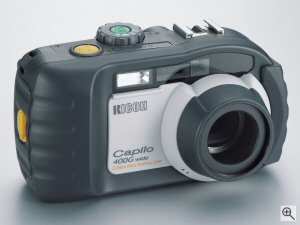 Ricoh's Caplio 400G Wide digital camera. Courtesy of Ricoh, with modifications by Michael R. Tomkins. Click for a bigger picture!
