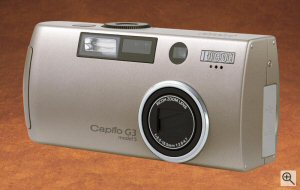 Ricoh's Caplio G3 Model S digital camera. Courtesy of Ricoh, with modifications by Michael R. Tomkins. Click for a bigger picture!