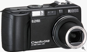 Ricoh's Caplio GX8 digital camera. Courtesy of Ricoh, with modifications by Michael R. Tomkins. Click for a bigger picture!