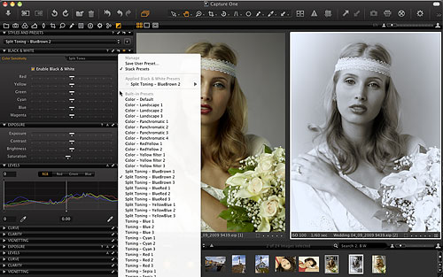 Capture One 6 now includes black and white conversion, with the ability to adjust color channels and create split toning effects. Screenshot provided by Phase One A/S. Click for a bigger picture!