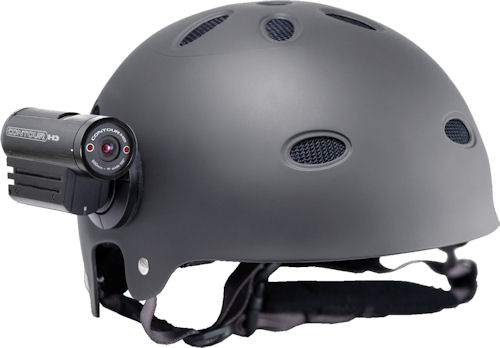 VholdR Contour HD wearable camcorder, shown helmet-mounted. Photo provided by Twenty20 LLC. Click for a bigger picture!