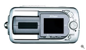 Nikon's Coolpix 3500 digital camera. Courtesy of Nikon, with modifications by Michael R. Tomkins. Click for a bigger picture!