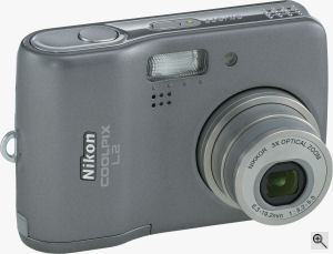 Nikon's Coolpix L2 digital camera. Courtesy of Nikon, with modifications by Michael R. Tomkins. Click for a bigger picture!