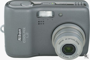 Nikon's Coolpix L2 digital camera. Courtesy of Nikon, with modifications by Michael R. Tomkins. Click for a bigger picture!