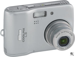 Nikon's Coolpix L3 digital camera. Courtesy of Nikon, with modifications by Michael R. Tomkins. Click for a bigger picture!