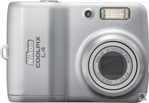 Nikon's Coolpix L4 digital camera. Courtesy of Nikon, with modifications by Michael R. Tomkins. Click for a bigger picture!