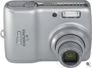 Nikon's Coolpix L4 digital camera. Courtesy of Nikon, with modifications by Michael R. Tomkins. Click for a bigger picture!