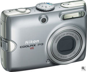 Nikon's Coolpix P3 digital camera. Courtesy of Nikon, with modifications by Michael R. Tomkins. Click for a bigger picture!