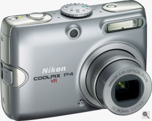 Nikon's Coolpix P4 digital camera. Courtesy of Nikon, with modifications by Michael R. Tomkins. Click for a bigger picture!