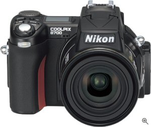 Nikon's Coolpix 8700 digital camera. Courtesy of Nikon, with modifications by Michael R. Tomkins. Click for a bigger picture!