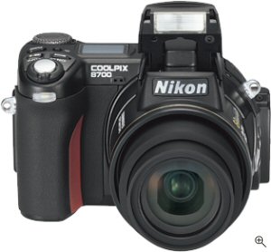 Nikon's Coolpix 8700 digital camera. Courtesy of Nikon, with modifications by Michael R. Tomkins. Click for a bigger picture!