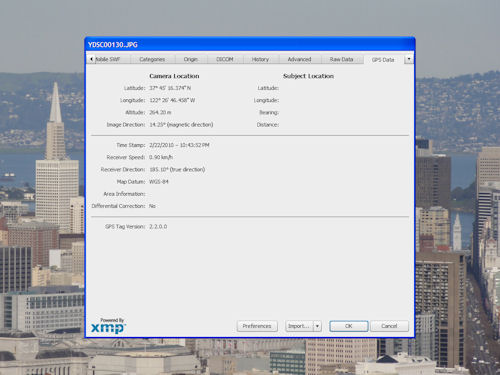 The GPS Data panel in Photoshop CS5's File Info dialog, showing an image of San Francisco shot from the Twin Peaks Overlook. Image copyright © 2010, Imaging Resource. All rights reserved. Click for a bigger picture!