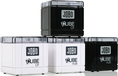 JOBO's CUBE CF and HUB card readers in white and black versions. Photo provided by JOBO AG. Click for a bigger picture!