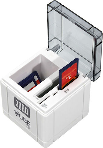 CUBE CF card reader with cover opened to show card slots and storage bay. Photo provided by JOBO AG. Click for a bigger picture!