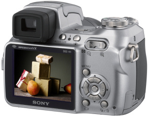 Sony's Cyber-shot DSC-H1 digital camera. Courtesy of Sony, with modifications by Michael R. Tomkins. Click for a bigger picture!