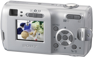 Sony's Cyber-shot DSC-S40 digital camera. Courtesy of Sony, with modifications by Michael R. Tomkins. Click for a bigger picture!