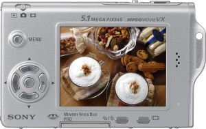 Sony's Cyber-shot DSC-T7 digital camera. Courtesy of Sony, with modifications by Michael R. Tomkins. Click for a bigger picture!