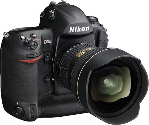 Nikon's D3S digital SLR, shown with AF-S Nikkor 14-24mm f/2.8G ED lens attached. Photo provided by Nikon Inc. Click for a bigger picture!