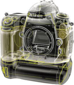 Nikon's D700 digital SLR environmental sealing. Courtesy of Nikon, with modifications by Michael R. Tomkins. Click for a bigger picture!