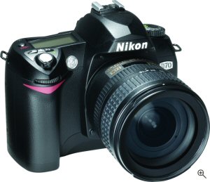 Nikon's D70 digital SLR. Courtesy of Nikon, with modifications by Michael R. Tomkins. Click for a bigger picture!