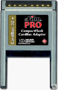 Delkin's CompactFlash CardBus adapter. Courtesy of Delkin, with modifications by Michael R. Tomkins. Click for a bigger picture!