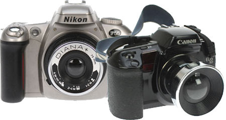 Nikon F55 and Canon EOS 10 film SLRs with Diana lenses attached. Photo provided by Lomographische AG