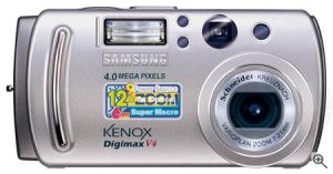 Samsung's Digimax V4 digital camera. Courtesy of Samsung, with modifications by Michael R. Tomkins. Click for a bigger picture!