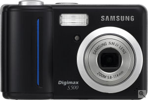 Samsung's Digimax S500 digital camera. Courtesy of Samsung, with modifications by Michael R. Tomkins. Click for a bigger picture!