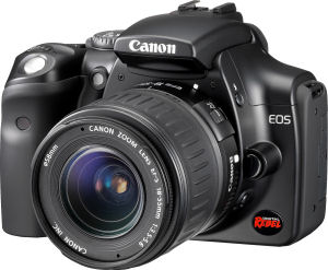 Canon's EOS Digital Rebel, black version. Courtesy of Canon, with modifications by Michael R. Tomkins. Click for a bigger picture!