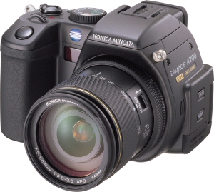 Konica Minolta's DiMAGE A200 digital camera. Courtesy of Konica Minolta, with modifications by Michael R. Tomkins. Click for a bigger picture!