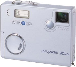 Minolta's DiMAGE X20 digital camera. Courtesy of Minolta, with modifications by Michael R. Tomkins. Click for a bigger picture!