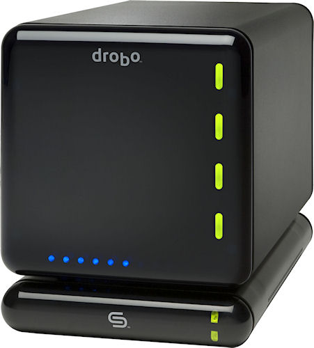 The Drobo RAID storage device, with DroboShare networking module attached. Photo provided by Data Robotics Inc. Click for a bigger picture!