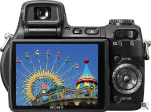 Sony's Cyber-shot DSC-H9 digital camera. Courtesy of Sony, with modifications by Michael R. Tomkins. Click for a bigger picture!