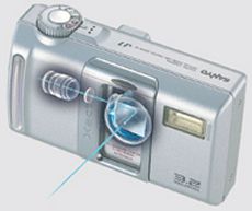 Sanyo's Xacti DSC-J1 digital camera. Courtesy of Sanyo Japan, with modifications by Michael R. Tomkins.