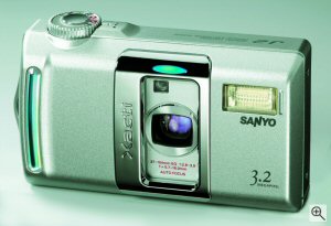 Sanyo's Xacti DSC-J2 digital camera. Courtesy of Sanyo Deutschland, with modifications by Michael R. Tomkins. Click here for a bigger picture!