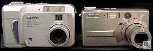 Sanyo's DSC-MZ2 (left) and DSC-MZ3 (right) digital camera. Courtesy of Sanyo Electric Co. Ltd. with modifications by Michael R. Tomkins.